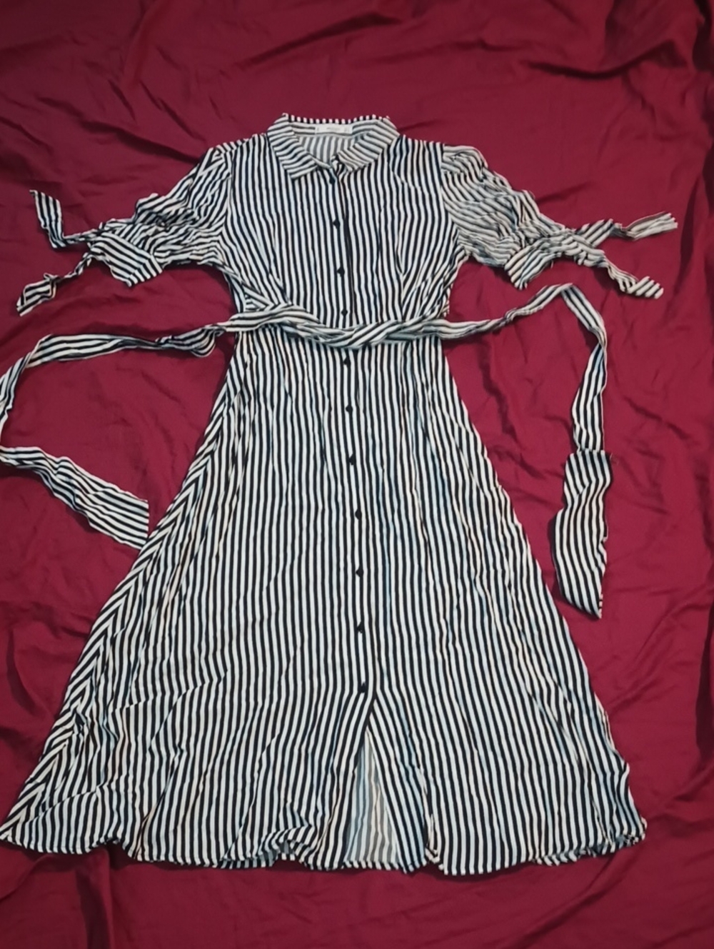 Mango Black & White Striped Midi Shirt Dress Woman's S 4 Belted Unique Stylish